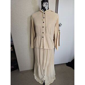 Papillon Beige Hooded Buttoned 2PC Long Sleeve Top and Maxi Skirt Medium Boho